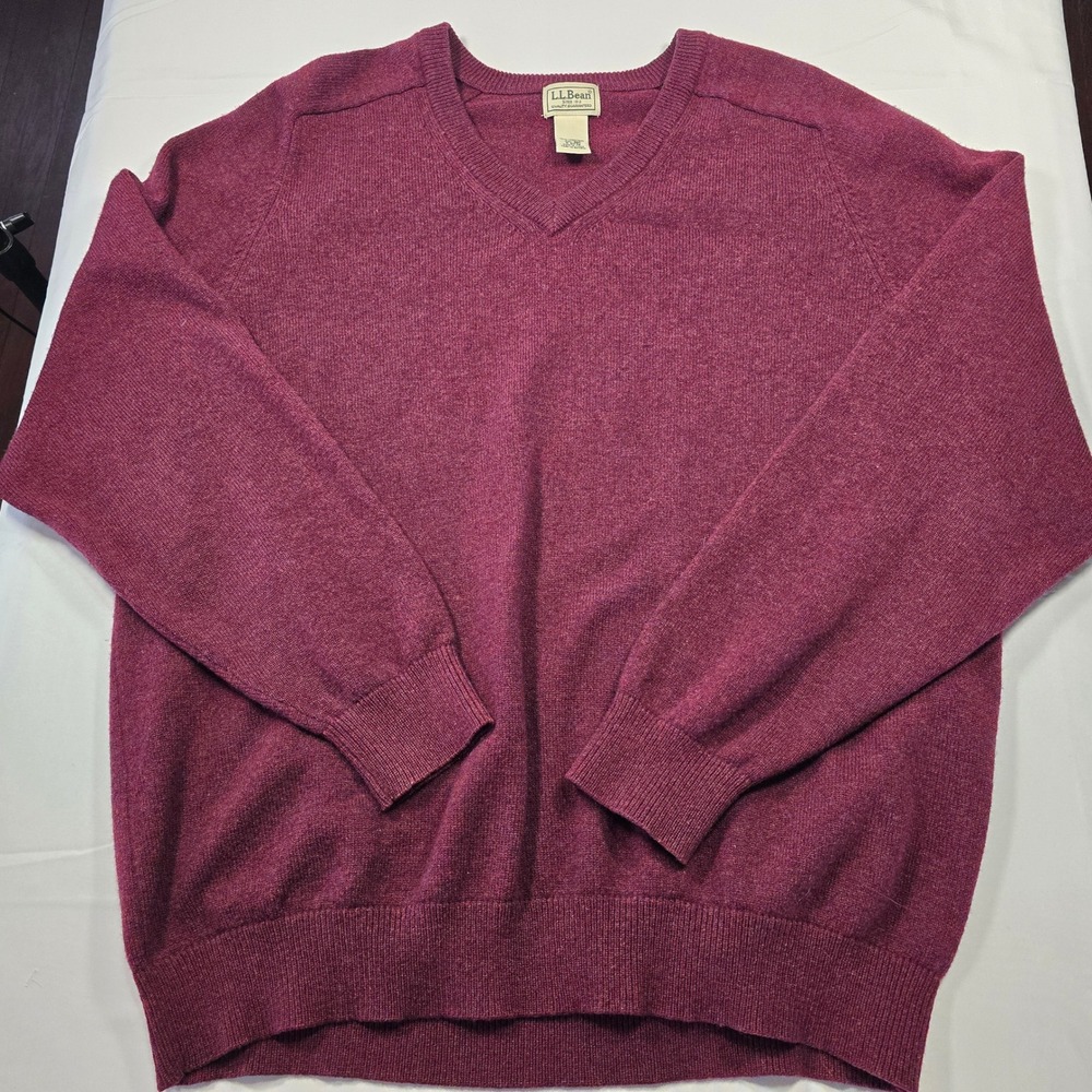 LL‎ Bean Mens XXL V-Neck Sweater Burgundy 100% Lambswool Pullover Regular